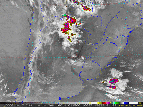Imagem do satélite GOES 13/NOAA/EUA – Canal do Infravermelho + realce – dia 18/01/2016 – Hora local: 06:45 – Sul do Brasil.
