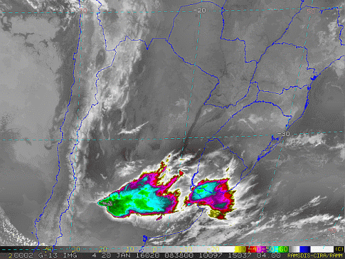 Imagem do satélite GOES 13/NOAA/EUA – Canal do Infravermelho + realce – dia 20/01/2016 – Hora local: 06:40 – Sul do Brasil.