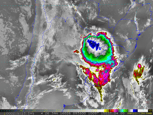 Imagem do satélite GOES 13/NOAA/EUA – Canal do Infravermelho + realce – dia 26/01/2016 – Hora local: 07:40 – Sul do Brasil.