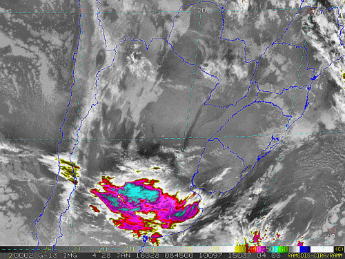 Imagem do satélite GOES 13/NOAA/EUA – Canal do Infravermelho + realce – dia 28/01/2016 – Hora local: 06:45 – Sul do Brasil.