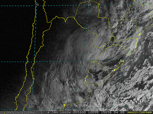 Imagem do satélite GOES 13/NOAA/EUA – Canal do Visível – dia 04/01/2016 – Hora local: 07:40 – Sul do Brasil.