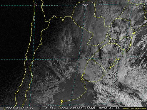 Imagem do satélite GOES 13/NOAA/EUA – Canal do Visível – dia 06/01/2016 – Hora local: 07:40 – Sul do Brasil. 