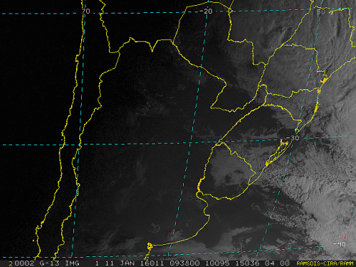 Imagem do satélite GOES 13/NOAA/EUA – Canal do Visível – dia 11/01/2016 – Hora local: 07:40 – Sul do Brasil.