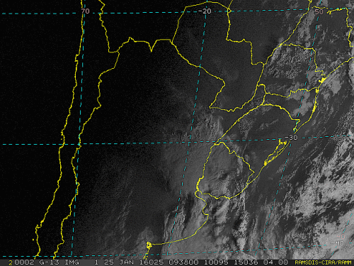 Imagem do satélite GOES 13/NOAA/EUA – Canal do Visível – dia 25/01/2016 – Hora local: 07:40 – Sul do Brasil.