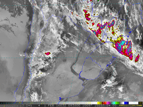 Imagem do satélite GOES 13/NOAA/EUA – Canal do Infravermelho + realce – dia 01/02/2016 – Hora local: 07:40 – Sul do Brasil.