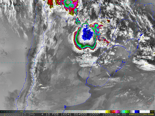 Imagem do satélite GOES 13/NOAA/EUA – Canal do Infravermelho + realce – dia 10/02/2016 – Hora local: 06:45 – Sul do Brasil.