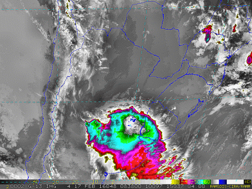 Imagem do satélite GOES 13/NOAA/EUA – Canal do Infravermelho + realce – dia 17/02/2016 – Hora local: 06:40 – Sul do Brasil.