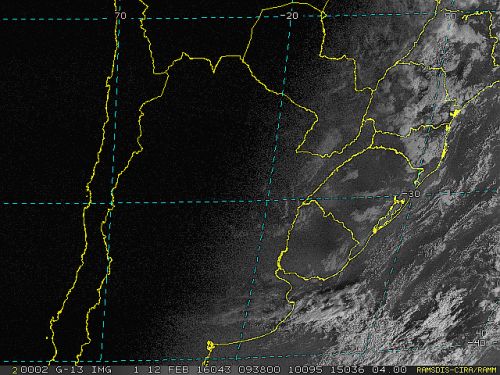 Imagem do satélite GOES 13/NOAA/EUA – Canal do Visível – dia 12/02/2016 – Hora local: 07:40 – Sul do Brasil.