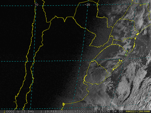 Imagem do satélite GOES 13/NOAA/EUA – Canal do Visível – dia 19/02/2016 – Hora local: 07:40 – Sul do Brasil.