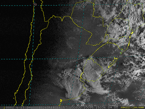 Imagem do satélite GOES 13/NOAA/EUA – Canal do Visível – dia 26/02/2016 – Hora local: 07:10 – Sul do Brasil.