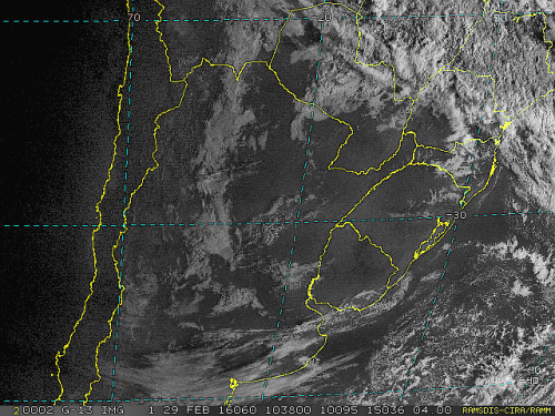 Imagem do satélite GOES 13/NOAA/EUA – Canal do Visível – dia 29/02/2016 – Hora local: 07:40 – Sul do Brasil.