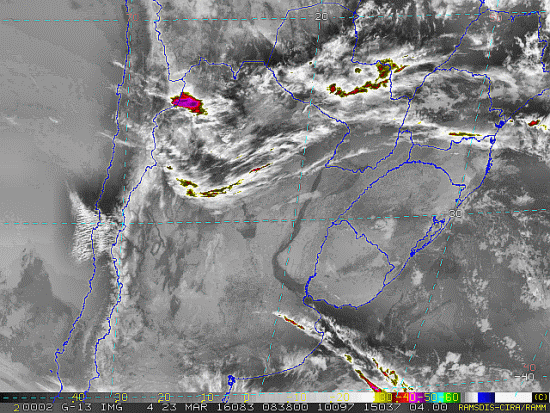 Imagem do satélite GOES 13/NOAA/EUA – Canal do Infravermelho + realce – dia 23/03/2016 – Hora local: 05:40 – Sul do Brasil. Fonte: RAMSDIS Online - Central and South America and the Caribbean, Cooperative Institute for Research in the Atmosphere, Colorado State University, EUA, modificado por LabClima/UNIVALI.