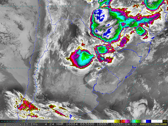 Imagem do satélite GOES 13/NOAA/EUA – Canal do Infravermelho + realce – dia 24/03/2016 – Hora local: 05:40 – Sul do Brasil. Fonte: RAMSDIS Online – Central and South America and the Caribbean, Cooperative Institute for Research in the Atmosphere, Colorado State University, EUA, modificado por LabClima/UNIVALI.