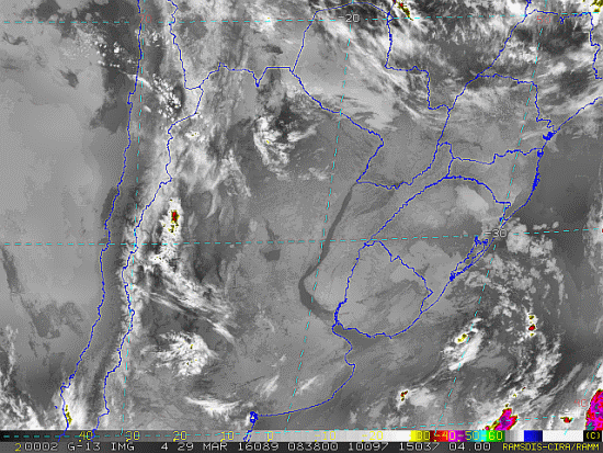 Imagem do satélite GOES 13/NOAA/EUA – Canal do Infravermelho + realce – dia 29/03/2016 – Hora local: 05:40 – Sul do Brasil. Fonte: RAMSDIS Online - Central and South America and the Caribbean, Cooperative Institute for Research in the Atmosphere, Colorado State University, EUA, modificado por LabClima/UNIVALI.