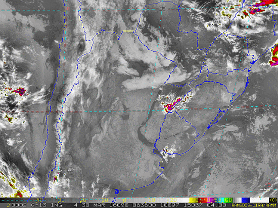 Imagem do satélite GOES 13/NOAA/EUA – Canal do Infravermelho + realce – dia 30/03/2016 – Hora local: 05:40 – Sul do Brasil. Fonte: RAMSDIS Online – Central and South America and the Caribbean, Cooperative Institute for Research in the Atmosphere, Colorado State University, EUA, modificado por LabClima/UNIVALI.