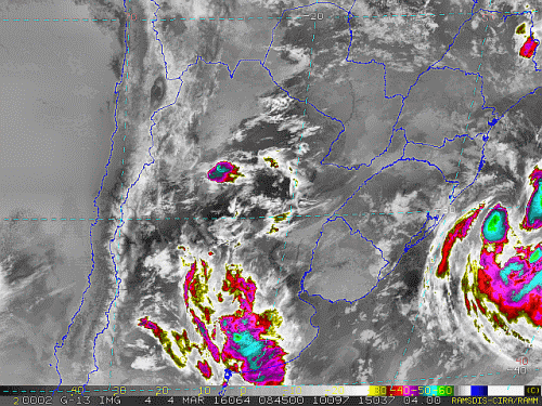 Imagem do satélite GOES 13/NOAA/EUA – Canal do Infravermelho + realce – dia 04/03/2016 – Hora local: 06:45 – Sul do Brasil.