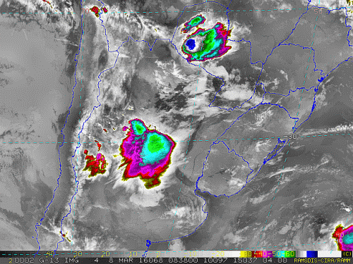 Imagem do satélite GOES 13/NOAA/EUA – Canal do Infravermelho + realce – dia 08/03/2016 – Hora local: 05:40 – Sul do Brasil.