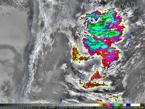 Imagem do satélite GOES 13/NOAA/EUA – Canal do Infravermelho + realce – dia 09/03/2016 – Hora local: 05:45 – Sul do Brasil.