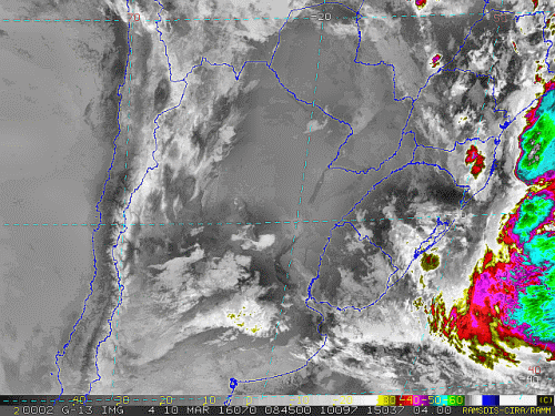 Imagem do satélite GOES 13/NOAA/EUA – Canal do Infravermelho + realce – dia 10/03/2016 – Hora local: 05:45 – Sul do Brasil.