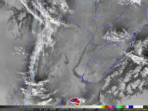 Imagem do satélite GOES 13/NOAA/EUA – Canal do Infravermelho + realce – dia 14/03/2016 – Hora local: 07:10 – Sul do Brasil.