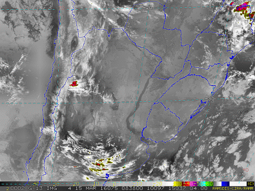 Imagem do satélite GOES 13/NOAA/EUA – Canal do Infravermelho + realce – dia 15/03/2016 – Hora local: 05:45 – Sul do Brasil.