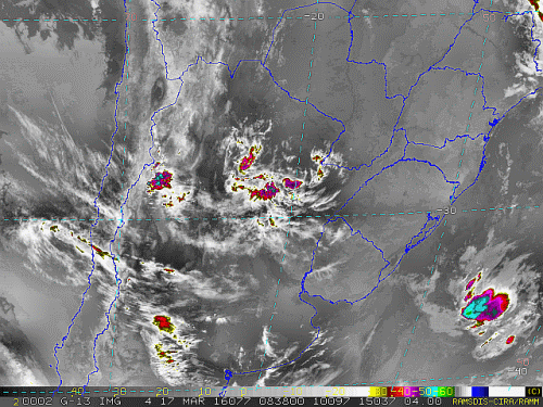 Imagem do satélite GOES 13/NOAA/EUA – Canal do Infravermelho + realce – dia 17/03/2016 – Hora local: 05:40 – Sul do Brasil.