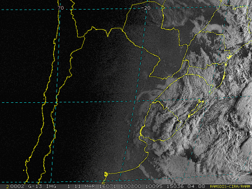 Imagem do satélite GOES 13/NOAA/EUA – Canal do Visível – dia 11/03/2016 – Hora local: 07:10 – Sul do Brasil.