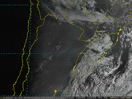 Imagem do satélite GOES 13/NOAA/EUA – Canal do Visível – dia 28/03/2016 – Hora local: 07:40 – Sul do Brasil. Fonte: RAMSDIS Online – Central and South America and the Caribbean, Cooperative Institute for Research in the Atmosphere, Colorado State University, EUA, modificado por LabClima/UNIVALI.