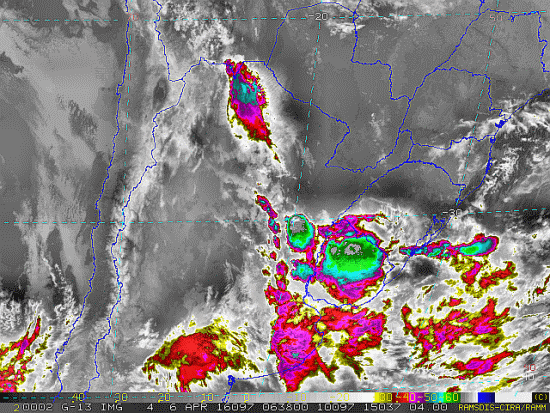 Imagem do satélite GOES 13/NOAA/EUA – Canal do Infravermelho + realce – dia 06/04/2016 – Hora local: 03:40 – Sul do Brasil. Fonte: RAMSDIS Online – Central and South America and the Caribbean, Cooperative Institute for Research in the Atmosphere, Colorado State University, EUA, modificado por LabClima/UNIVALI.
