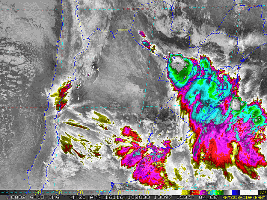 Imagem do satélite GOES 13/NOAA/EUA – Canal do Infravermelho + realce – dia 25/04/2016 – Hora local: 07:10 – Sul do Brasil. Fonte: RAMSDIS Online – Central and South America and the Caribbean, Cooperative Institute for Research in the Atmosphere, Colorado State University, EUA, modificado por LabClima/UNIVALI.