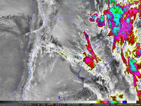 Imagem do satélite GOES 13/NOAA/EUA – Canal do Infravermelho + realce – dia 26/04/2016 – Hora local: 05:40 – Sul do Brasil. Fonte: RAMSDIS Online – Central and South America and the Caribbean, Cooperative Institute for Research in the Atmosphere, Colorado State University, EUA, modificado por LabClima/UNIVALI.