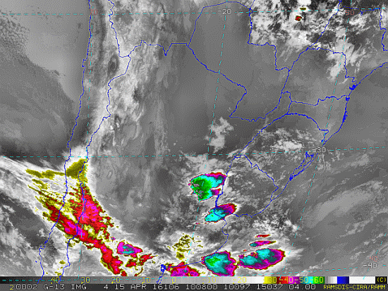 Imagem do satélite GOES 13/NOAA/EUA – Canal do Infravermelho + realce – dia 15/04/2016 – Hora local: 07:10 – Sul do Brasil. Fonte: RAMSDIS Online – Central and South America and the Caribbean, Cooperative Institute for Research in the Atmosphere, Colorado State University, EUA, modificado por LabClima/UNIVALI.