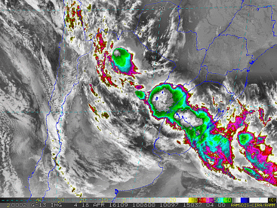 Imagem do satélite GOES 13/NOAA/EUA – Canal do Infravermelho + realce – dia 18/04/2016 – Hora local: 07:10 – Sul do Brasil. Fonte: RAMSDIS Online – Central and South America and the Caribbean, Cooperative Institute for Research in the Atmosphere, Colorado State University, EUA, modificado por LabClima/UNIVALI.
