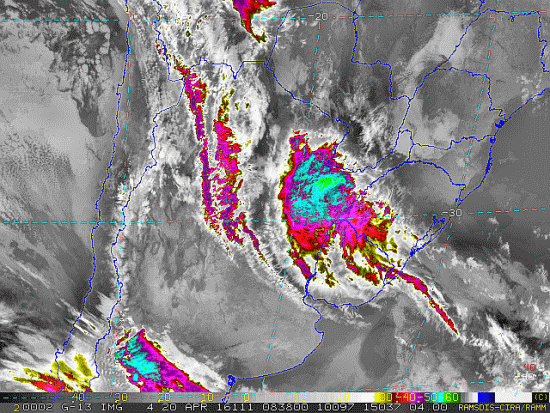 Imagem do satélite GOES 13/NOAA/EUA – Canal do Infravermelho + realce – dia 20/04/2016 – Hora local: 05:40 – Sul do Brasil. Fonte: RAMSDIS Online – Central and South America and the Caribbean, Cooperative Institute for Research in the Atmosphere, Colorado State University, EUA, modificado por LabClima/UNIVALI.
