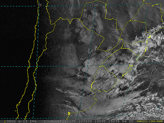 Imagem do satélite GOES 13/NOAA/EUA – Canal do Visível – dia 04/04/2016 – Hora local: 07:40 – Sul do Brasil. Fonte: RAMSDIS Online – Central and South America and the Caribbean, Cooperative Institute for Research in the Atmosphere, Colorado State University, EUA, modificado por LabClima/UNIVALI.
