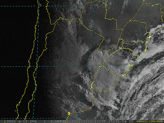 Imagem do satélite GOES 13/NOAA/EUA – Canal do Visível – dia 08/04/2016 – Hora local: 07:40 – Sul do Brasil. Fonte: RAMSDIS Online – Central and South America and the Caribbean, Cooperative Institute for Research in the Atmosphere, Colorado State University, EUA, modificado por LabClima/UNIVALI.