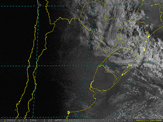 Imagem do satélite GOES 13/NOAA/EUA – Canal do Visível – dia 22/04/2016 – Hora local: 07:40 – Sul do Brasil. Fonte: RAMSDIS Online – Central and South America and the Caribbean, Cooperative Institute for Research in the Atmosphere, Colorado State University, EUA, modificado por LabClima/UNIVALI.