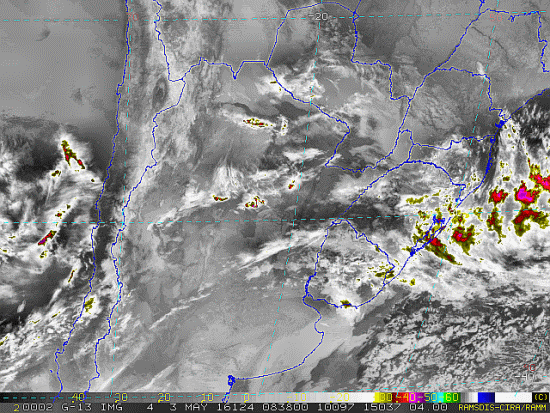 Imagem do satélite GOES 13/NOAA/EUA – Canal do Infravermelho + realce – dia 03/05/2016 – Hora local: 05:40 – Sul do Brasil. Fonte: RAMSDIS Online – Central and South America and the Caribbean, Cooperative Institute for Research in the Atmosphere, Colorado State University, EUA, modificado por LabClima/UNIVALI.