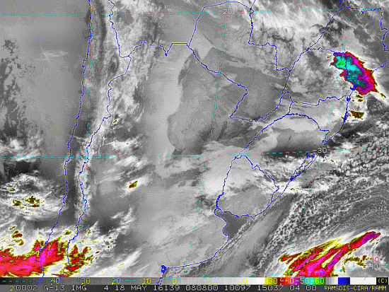 Imagem do satélite GOES 13/NOAA/EUA – Canal do Infravermelho + realce – dia 18/05/2016 – Hora local: 05:10 – Sul do Brasil. Fonte: RAMSDIS Online – Central and South America and the Caribbean, Cooperative Institute for Research in the Atmosphere, Colorado State University, EUA, modificado por LabClima/UNIVALI.