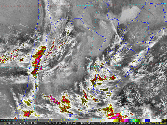Imagem do satélite GOES 13/NOAA/EUA – Canal do Infravermelho + realce – dia 25/05/2016 – Hora local: 05:10 – Sul do Brasil. Fonte: RAMSDIS Online – Central and South America and the Caribbean, Cooperative Institute for Research in the Atmosphere, Colorado State University, EUA, modificado por LabClima/UNIVALI.