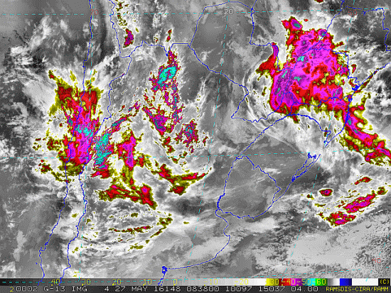 Imagem do satélite GOES 13/NOAA/EUA – Canal do Infravermelho + realce – dia 27/05/2016 – Hora local: 05:40 – Sul do Brasil. Fonte: RAMSDIS Online – Central and South America and the Caribbean, Cooperative Institute for Research in the Atmosphere, Colorado State University, EUA, modificado por LabClima/UNIVALI.