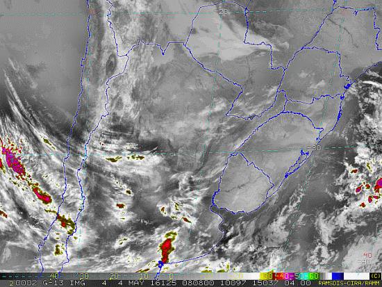 Imagem do satélite GOES 13/NOAA/EUA – Canal do Infravermelho + realce – dia 04/05/2016 – Hora local: 05:10 – Sul do Brasil. Fonte: RAMSDIS Online – Central and South America and the Caribbean, Cooperative Institute for Research in the Atmosphere, Colorado State University, EUA, modificado por LabClima/UNIVALI.