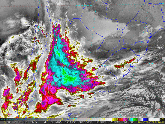 Imagem do satélite GOES 13/NOAA/EUA – Canal do Infravermelho + realce – dia 05/05/2016 – Hora local: 05:40 – Sul do Brasil. Fonte: RAMSDIS Online – Central and South America and the Caribbean, Cooperative Institute for Research in the Atmosphere, Colorado State University, EUA, modificado por LabClima/UNIVALI.