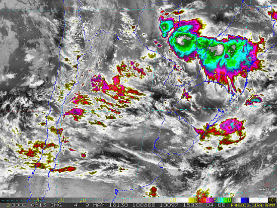 Imagem do satélite GOES 13/NOAA/EUA – Canal do Infravermelho + realce – dia 09/05/2016 – Hora local: 07:10 – Sul do Brasil. Fonte: RAMSDIS Online – Central and South America and the Caribbean, Cooperative Institute for Research in the Atmosphere, Colorado State University, EUA, modificado por LabClima/UNIVALI.