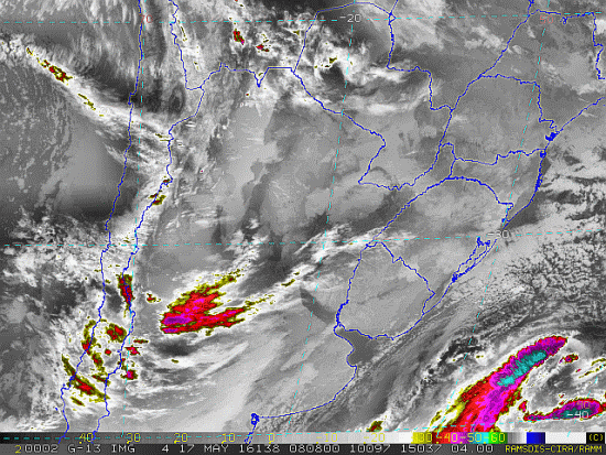Imagem do satélite GOES 13/NOAA/EUA – Canal do Infravermelho + realce – dia 17/05/2016 – Hora local: 05:10 – Sul do Brasil. Fonte: RAMSDIS Online – Central and South America and the Caribbean, Cooperative Institute for Research in the Atmosphere, Colorado State University, EUA, modificado por LabClima/UNIVALI.