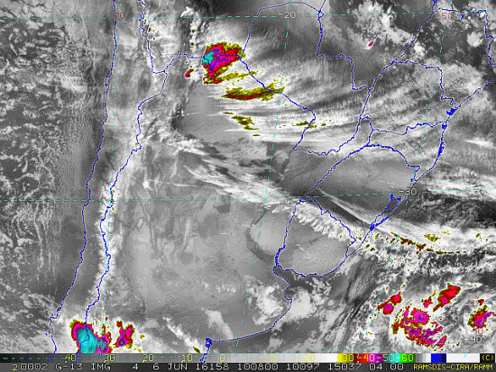 Imagem do satélite GOES 13/NOAA/EUA – Canal do Infravermelho + realce – dia 06/06/2016 – Hora local: 07:10 – Sul do Brasil. Fonte: RAMSDIS Online – Central and South America and the Caribbean, Cooperative Institute for Research in the Atmosphere, Colorado State University, EUA, modificado por LabClima/UNIVALI.