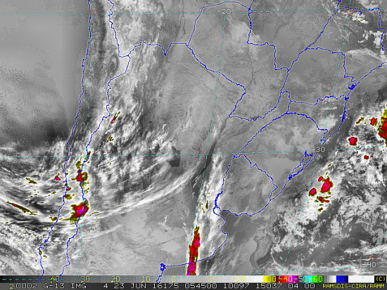 Imagem do satélite GOES 13/NOAA/EUA – Canal do Infravermelho + realce – dia 23/06/2016 – Hora local: 02:45 – Sul do Brasil. Fonte: RAMSDIS Online – Central and South America and the Caribbean, Cooperative Institute for Research in the Atmosphere, Colorado State University, EUA, modificado por LabClima/UNIVALI.