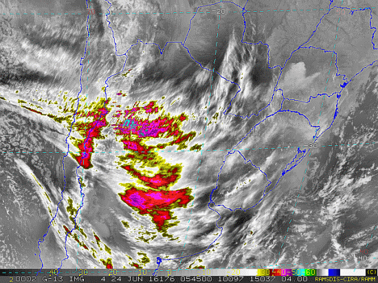 Imagem do satélite GOES 13/NOAA/EUA – Canal do Infravermelho + realce – dia 24/06/2016 – Hora local: 02:45 – Sul do Brasil. Fonte: RAMSDIS Online – Central and South America and the Caribbean, Cooperative Institute for Research in the Atmosphere, Colorado State University, EUA, modificado por LabClima/UNIVALI.