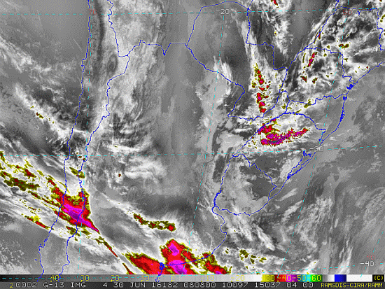 Imagem do satélite GOES 13/NOAA/EUA – Canal do Infravermelho + realce – dia 29/06/2016 – Hora local: 05:10 – Sul do Brasil. Fonte: RAMSDIS Online – Central and South America and the Caribbean, Cooperative Institute for Research in the Atmosphere, Colorado State University, EUA, modificado por LabClima/UNIVALI.