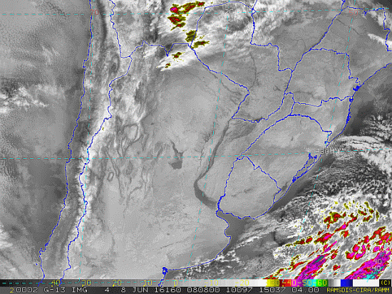 Imagem do satélite GOES 13/NOAA/EUA – Canal do Infravermelho + realce – dia 08/06/2016 – Hora local: 05:10 – Sul do Brasil. Fonte: RAMSDIS Online – Central and South America and the Caribbean, Cooperative Institute for Research in the Atmosphere, Colorado State University, EUA, modificado por LabClima/UNIVALI.